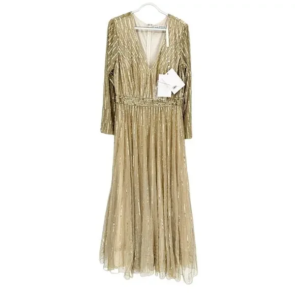 Mac Duggal 4977 Gold Sequin Beaded Illusion Sleeve Gown 4 NWT - Picture 2 of 9